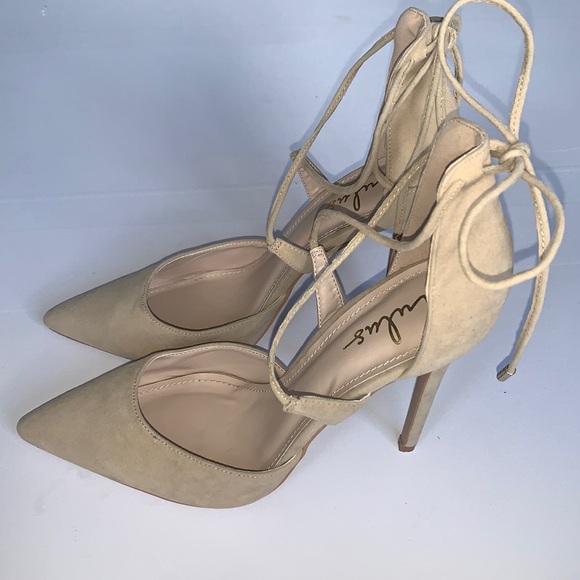 Lulus Nude Suede Heels Pointed Toe Straps Size 8.5 - Picture 1 of 8